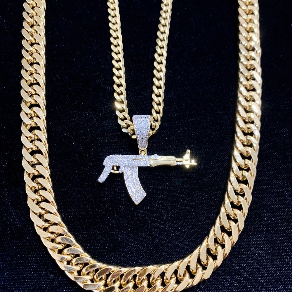 NEW 18K GOLD CUBAN LINK CHAIN AK 47 CHARM LAB DIAMONDS ITALY *LIFETIME WARRANTY*